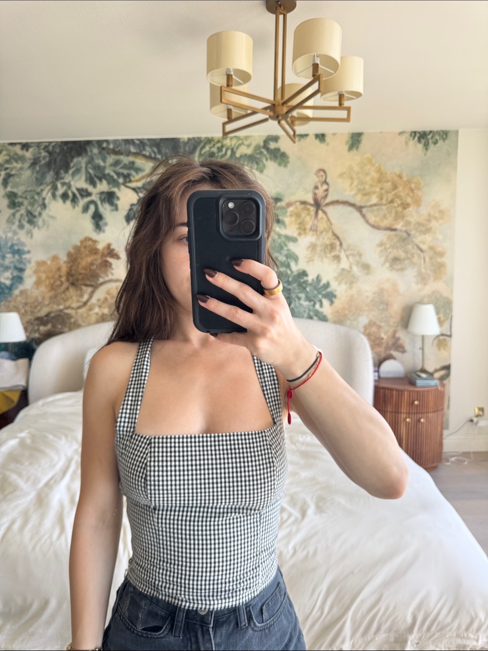 Gingham Square-Neck Halter Tank Top - Black/White